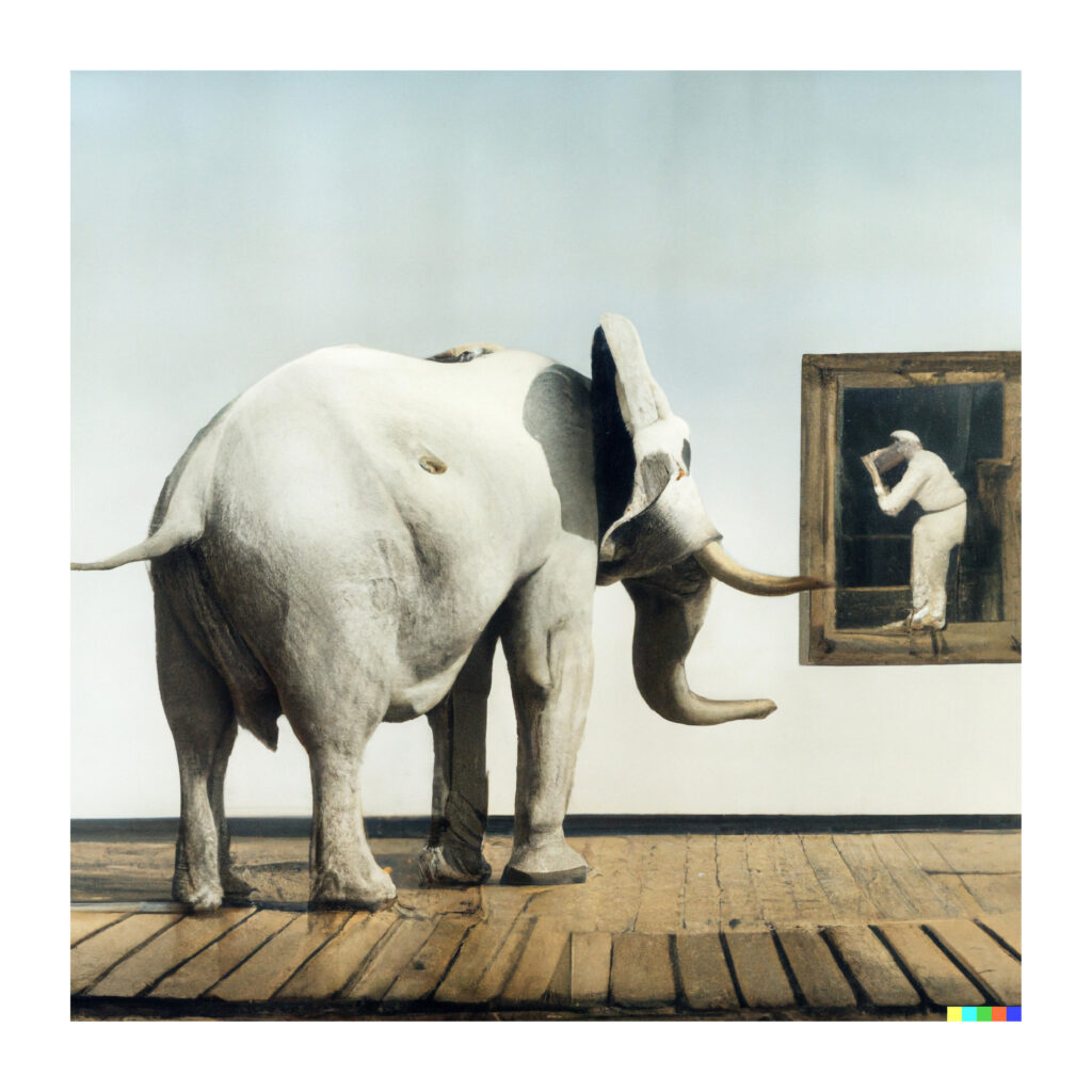 Ludwig Schmidtpeter fotografiert einen weißen sehr großen Elefanten 
im Künstlerhaus Saarbrücken im Stil von Max Ernst